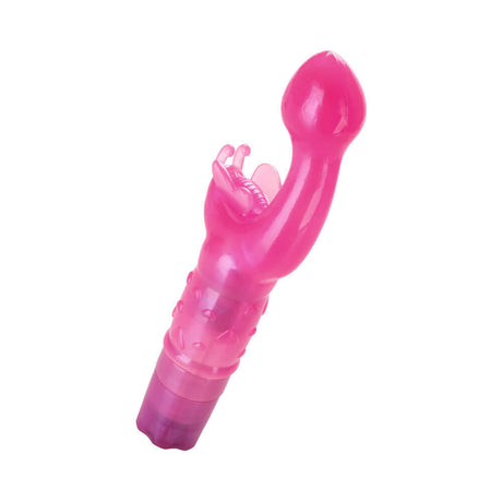 Adam & Eve Butterfly Kiss Rabbit Vibrator in pink with butterfly clitoral stimulator and playful design.