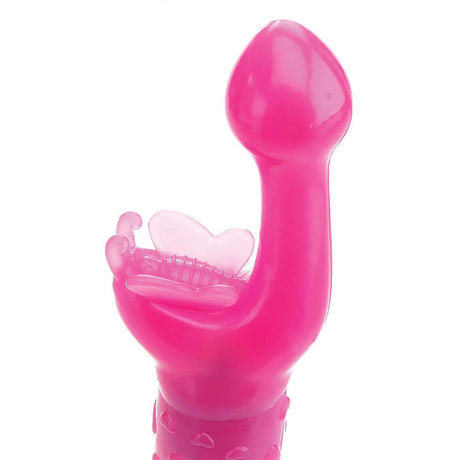 Adam & Eve Butterfly Kiss Rabbit Vibrator featuring a pink design with butterfly clitoral stimulator.