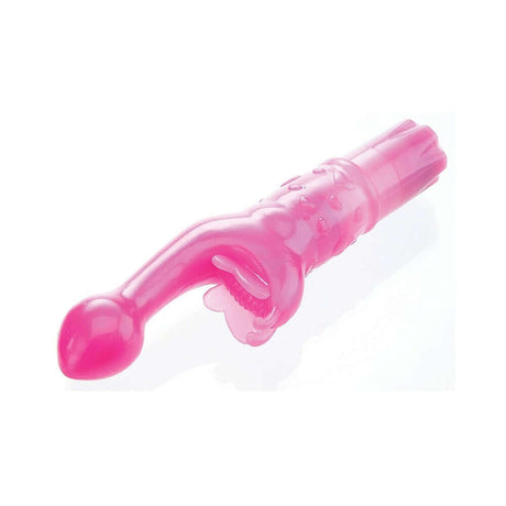 Adam & Eve Butterfly Kiss Rabbit Vibrator in pink, designed for dual internal and external stimulation.