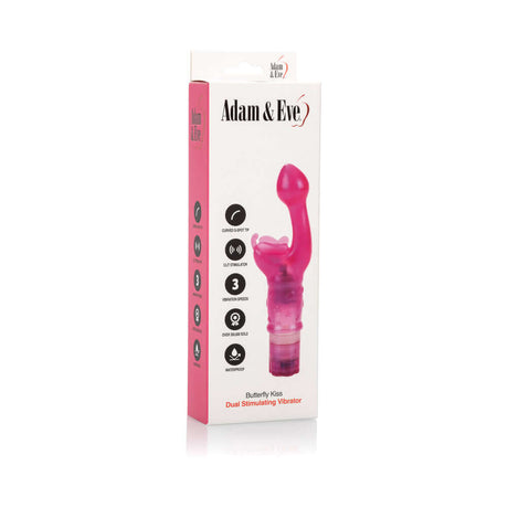 Packaging of Adam & Eve Butterfly Kiss Rabbit Vibrator featuring dual stimulating design.