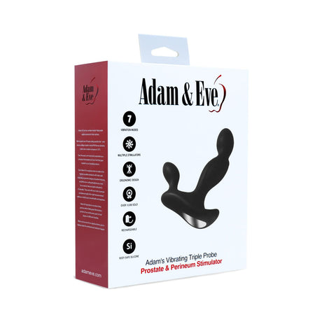 Adam & Eve Adam's Vibrating Triple Probe packaging featuring prostate massager details and features.