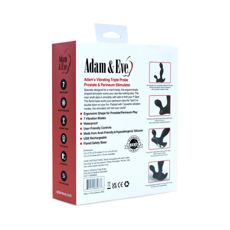 Adam & Eve Adam's Vibrating Triple Probe product packaging showcasing features and specifications.