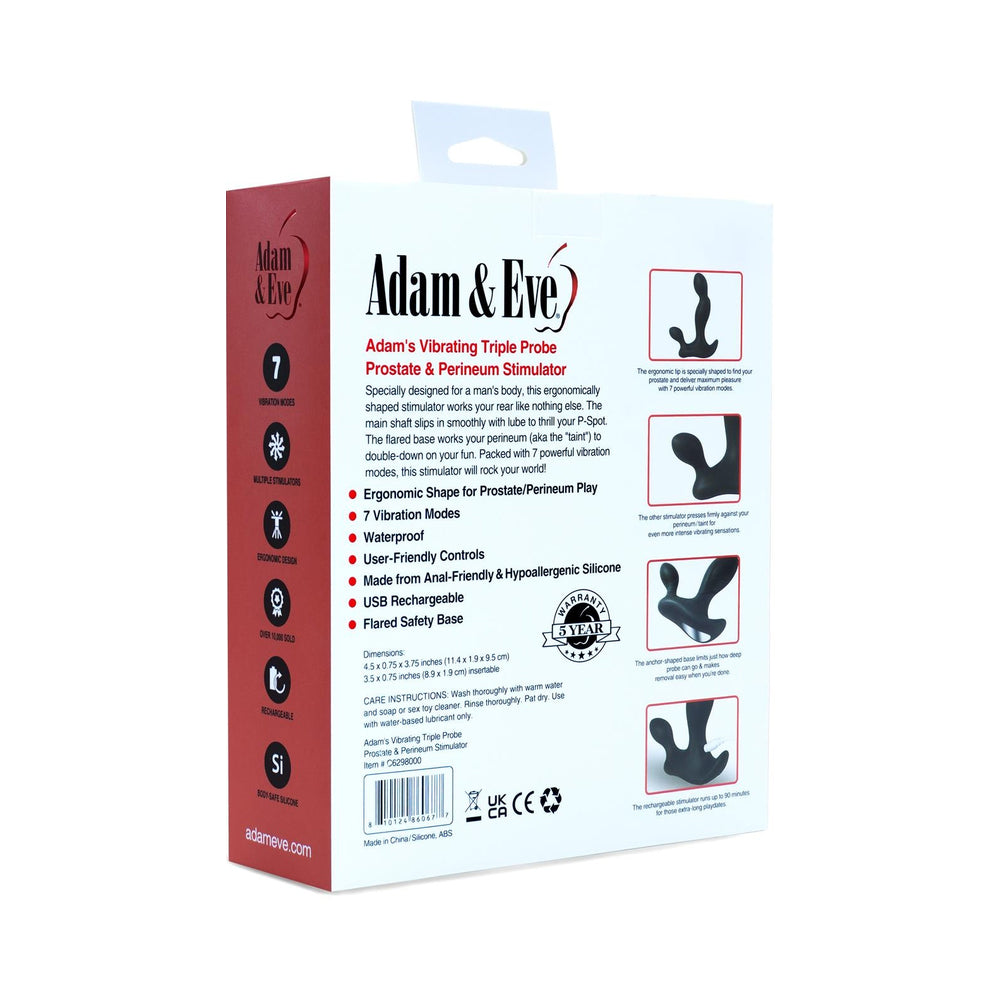 Adam & Eve Adam's Vibrating Triple Probe packaging for prostate and perineum stimulation with features listed.