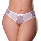 Magic Silk Sheer Passion Crotchless Low Rise Panty White/Lavender Queen Size
