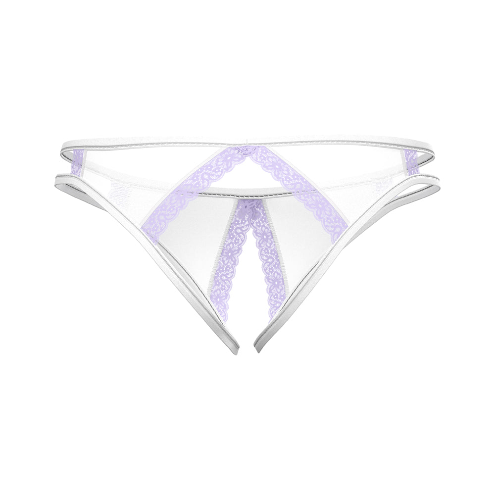 Magic Silk Sheer Passion Crotchless Low Rise Panty White/Lavender Queen Size