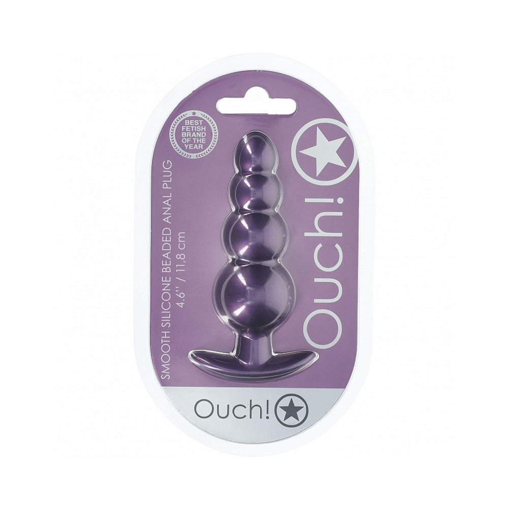 Ouch! Smooth Silicone Beaded Anal Plug 4.6 inches Metallic Purple
