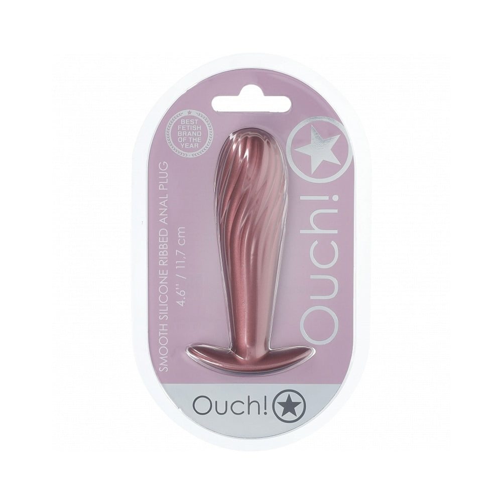 Ouch! Smooth Silicone Ribbed Anal Plug 4.6 inches Rose Gold