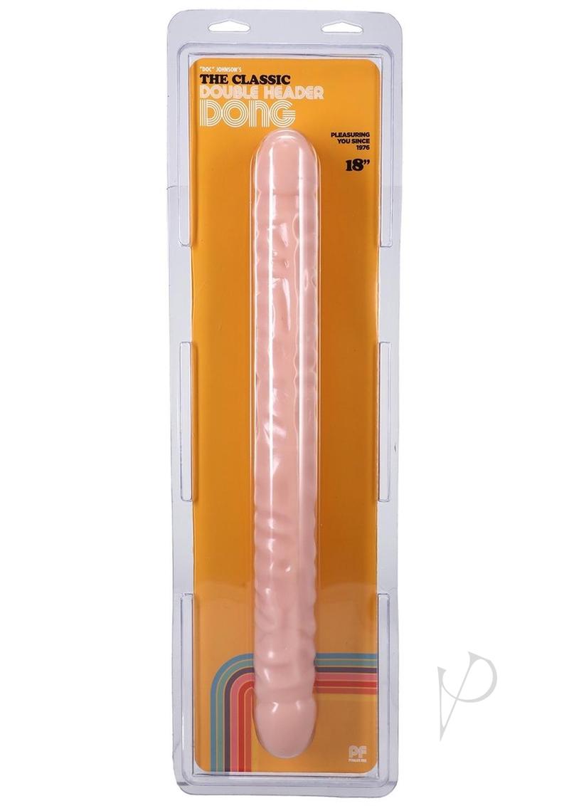 Classic Double Header Dildo 18 inch Vanilla in packaging showcasing its lifelike design and flexibility.