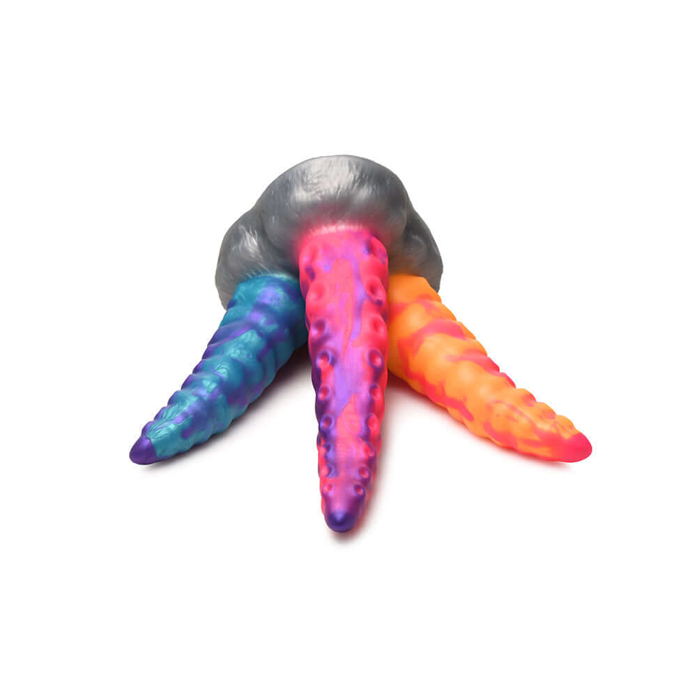 Creature Cocks Tentacle Trio Silicone Dildo featuring vibrant tentacles in orange, pink, and blue for fantasy fun.