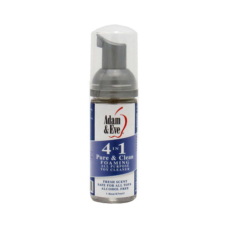 Adam & Eve 4 In 1 Pure & Clean Foaming Toy Cleaner 1.6 oz packaging with pump dispenser for easy use.