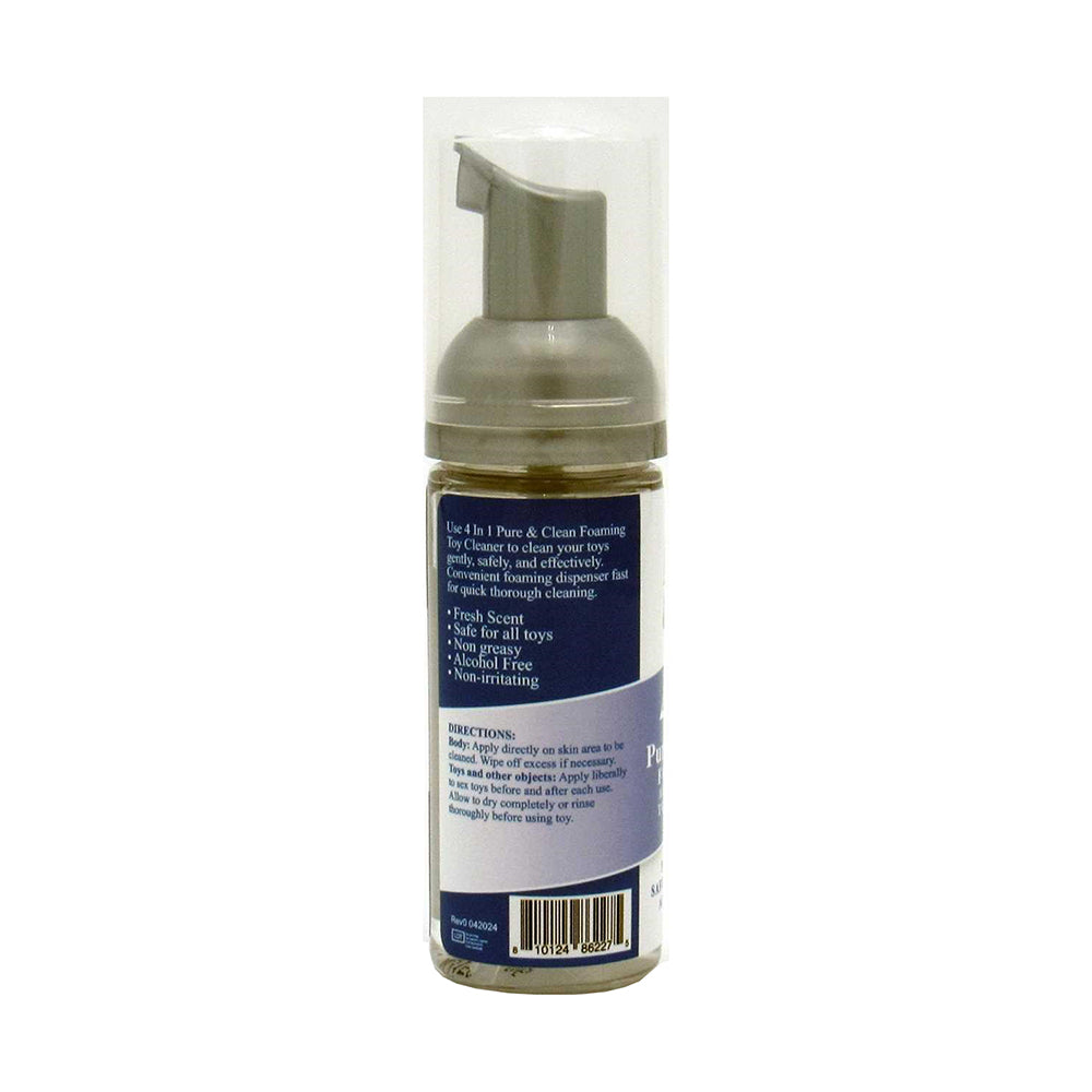 Adam & Eve 4 In 1 Pure & Clean Foaming Toy Cleaner 1.6 oz in a pump bottle for easy use and effective cleaning.