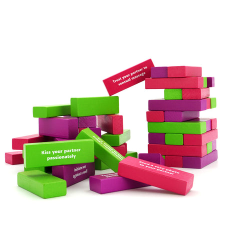 Play Wiv Me Tower of Pleasure Adult Game featuring colorful blocks with seductive prompts.