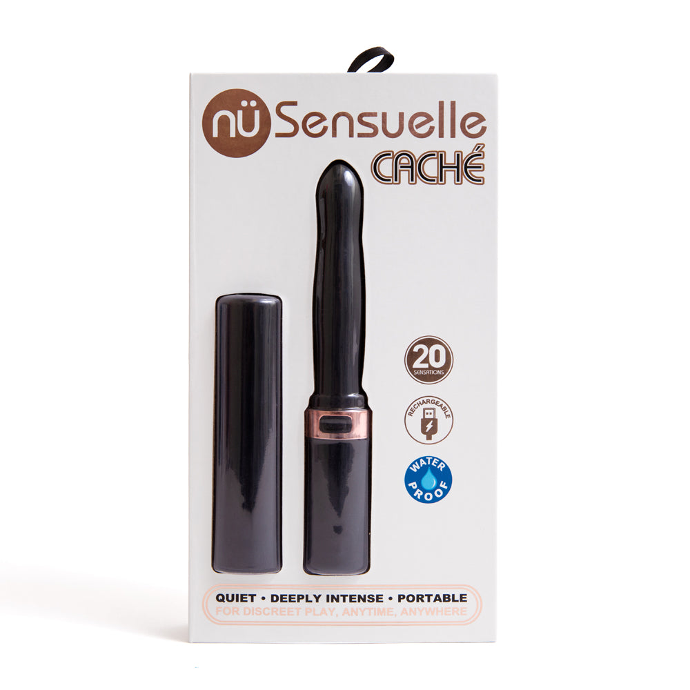 Nu Sensuelle Cache 20 Function Discreet Vibe Black packaging with sleek design and elegant rose gold accents.