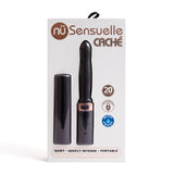 Nu Sensuelle Cache 20 Function Discreet Vibe Black packaging with sleek design and elegant rose gold accents.