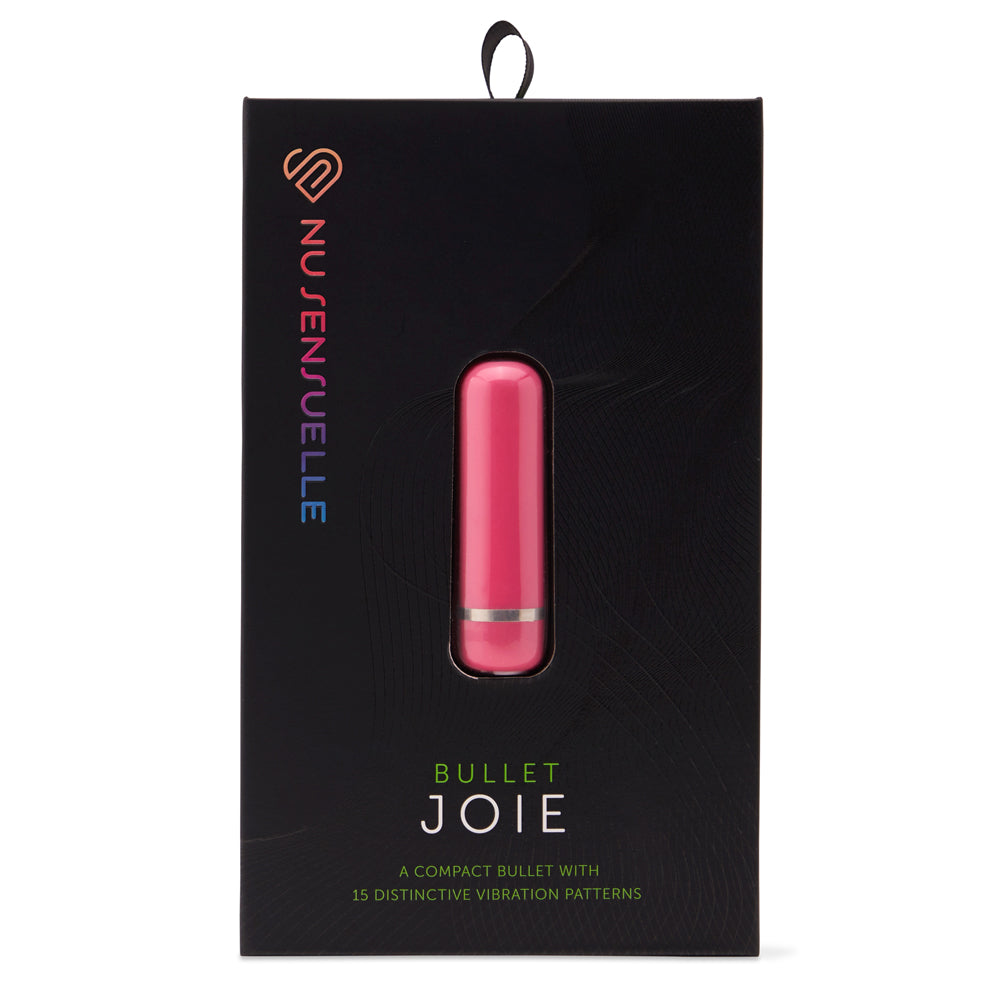 Nu Sensuelle Joie Rechargeable Silicone Bullet Pink packaging showcasing the compact bullet with 15 vibration patterns.