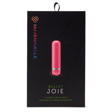 Nu Sensuelle Joie Rechargeable Silicone Bullet Pink packaging showcasing the compact bullet with 15 vibration patterns.