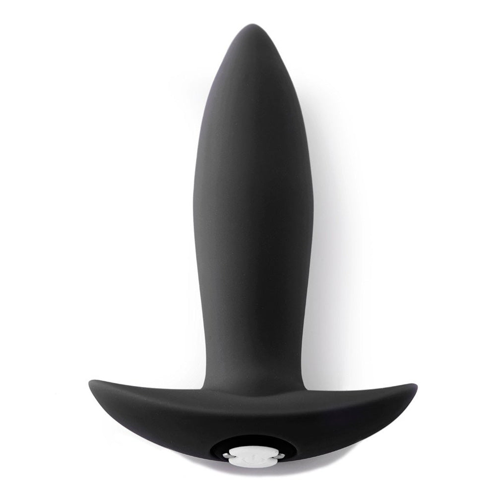 Nu Sensuelle Mini Silicone Vibrating Plug Black top view, showcasing its smooth design and tapered shape.