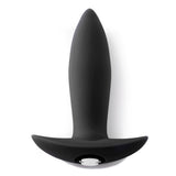 Nu Sensuelle Mini Silicone Vibrating Plug Black top view, showcasing its smooth design and tapered shape.