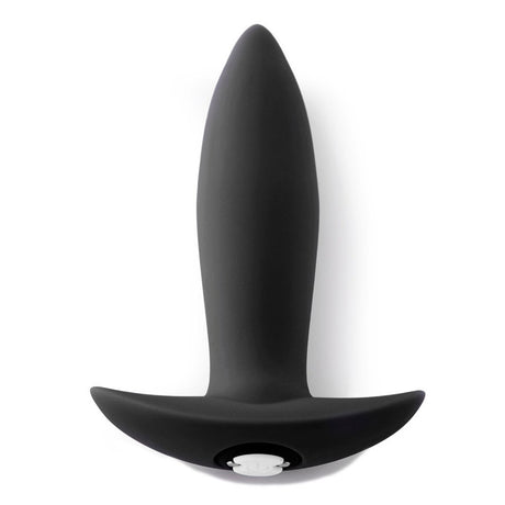 Nu Sensuelle Mini Silicone Vibrating Plug Black top view, showcasing its smooth design and tapered shape.