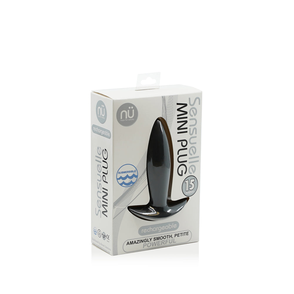 Nu Sensuelle Mini Silicone Vibrating Plug Black packaging featuring a compact anal plug, rechargeable and submersible.