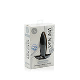Nu Sensuelle Mini Silicone Vibrating Plug Black packaging featuring a compact anal plug, rechargeable and submersible.