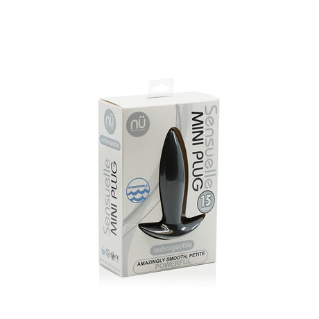 Nu Sensuelle Mini Silicone Vibrating Plug Black packaging featuring a compact anal plug, rechargeable and submersible.