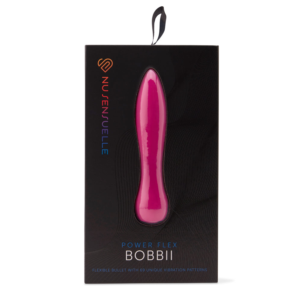 Nu Sensuelle Bobbii Rechargeable Silicone Bullet Magenta packaging featuring a sleek design and vibrant color.