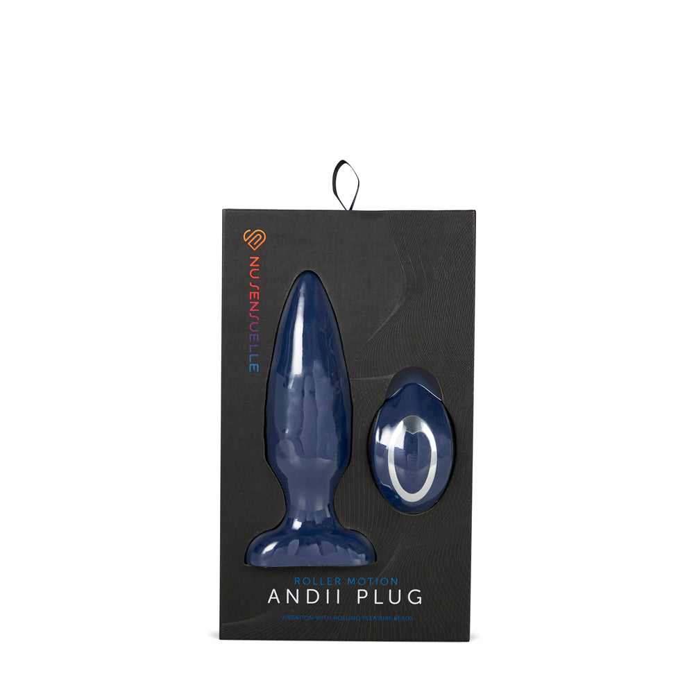 Nu Sensuelle Andii Plug Navy Blue packaging showing the innovative roller motion feature.