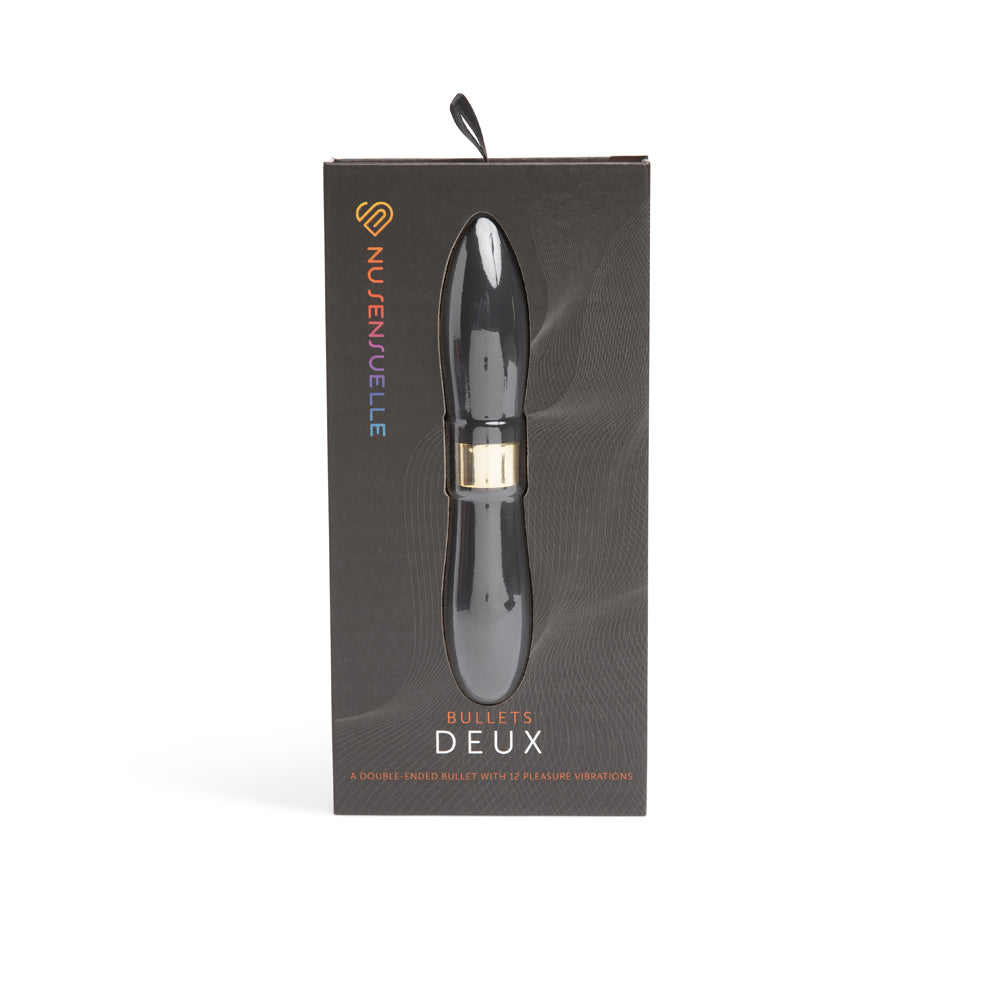 Nu Sensuelle Deux Bullet Vibrator Black in packaging featuring sleek design and dual ends for customizable pleasure.
