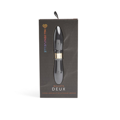 Nu Sensuelle Deux Bullet Vibrator Black in packaging featuring sleek design and dual ends for customizable pleasure.