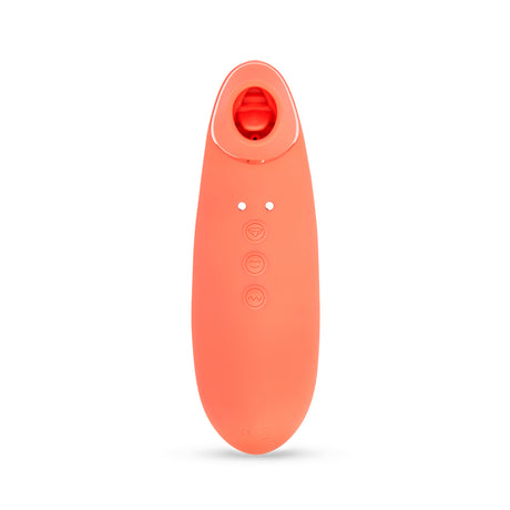 Nu Sensuelle Trinitii Suction Tongue Vibrator Coral in coral color showcasing controls and soft silicone design.