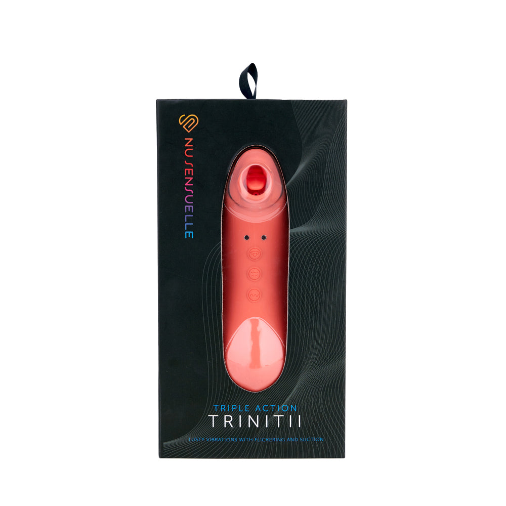 Nu Sensuelle Trinitii Suction Tongue Vibrator Coral packaging featuring triple action sensations.