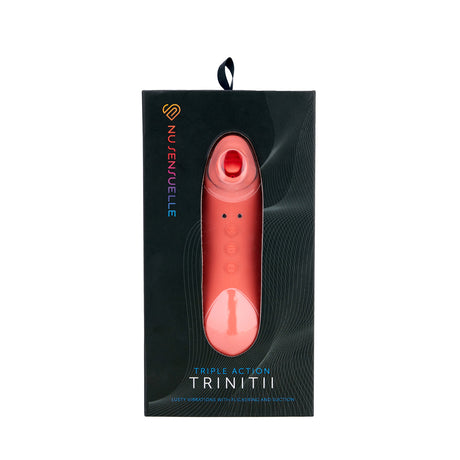 Nu Sensuelle Trinitii Suction Tongue Vibrator Coral packaging featuring triple action sensations.