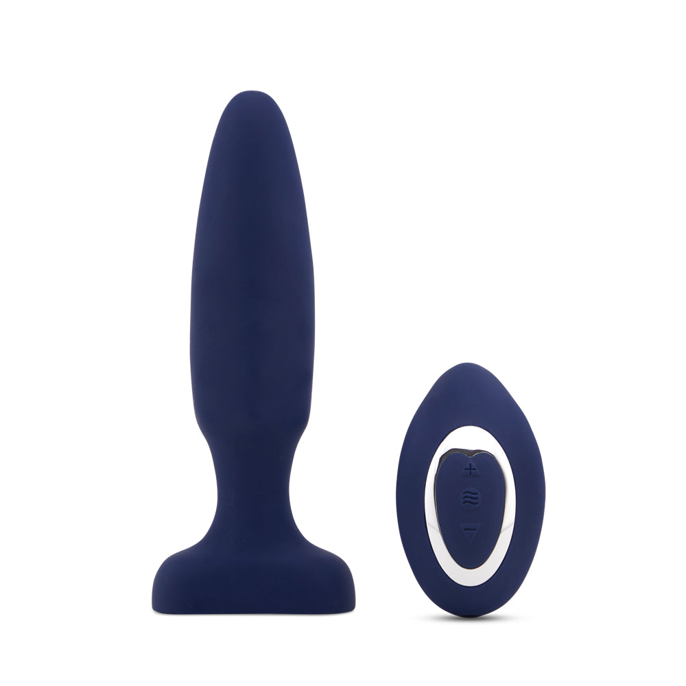 Nu Sensuelle Fino Roller Motion Plug Navy Blue with remote control, featuring a sleek design for enhanced pleasure.