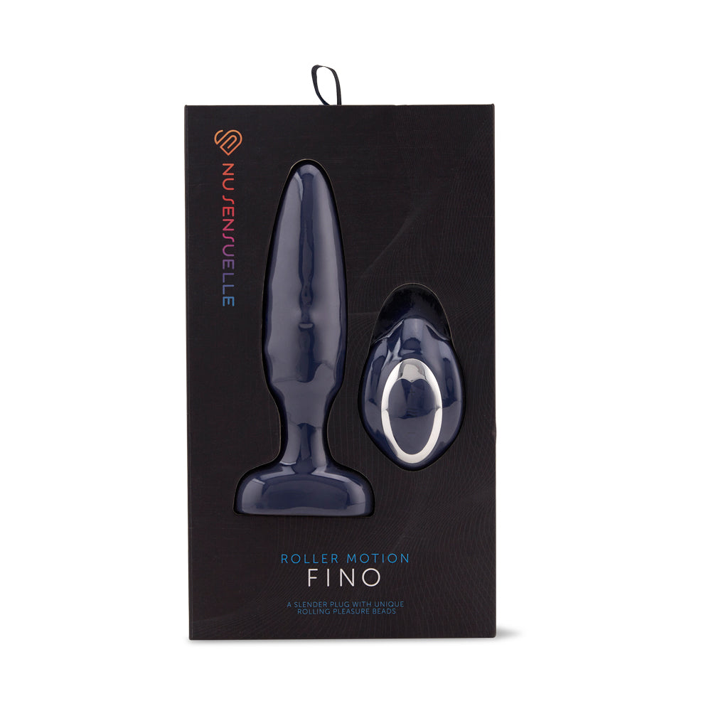 Nu Sensuelle Fino Roller Motion Plug Navy Blue packaging showcasing its slender design and unique technology.