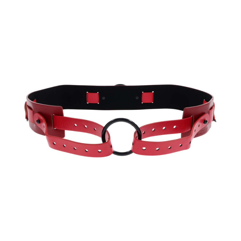 Sex & Mischief Exs & Ohs Bound and Belted black and red faux leather restraint belt for BDSM.