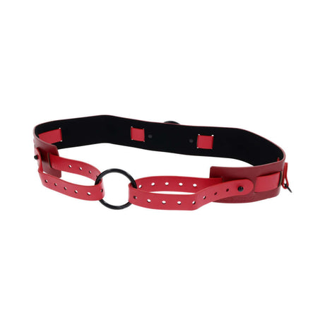 Sex & Mischief Exs & Ohs Bound and Belted - red faux leather restraint belt with versatile bondage functionality.