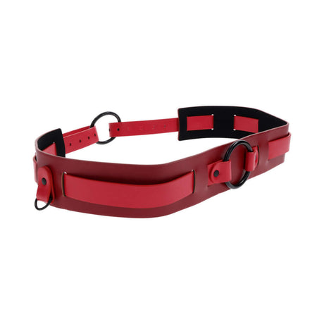 Sex & Mischief Exs & Ohs Bound and Belted stylish red faux leather restraint belt with versatile bondage functionality.