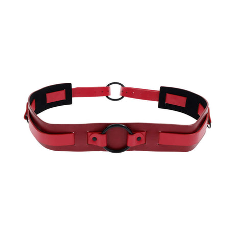 Sex & Mischief Exs & Ohs Bound and Belted restraint belt featuring sleek faux leather and red accents.