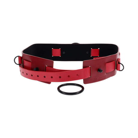 Sex & Mischief Exs & Ohs Bound and Belted restraint belt featuring faux leather and red accents.