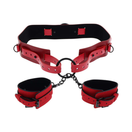 Sex & Mischief Exs & Ohs Bound and Belted restraint featuring red faux leather with adjustable cuffs.