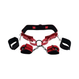 Sex & Mischief Exs & Ohs Bound and Belted restraint set featuring black and red faux leather design.