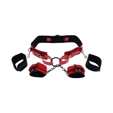 Sex & Mischief Exs & Ohs Bound and Belted restraint set featuring black and red faux leather design.