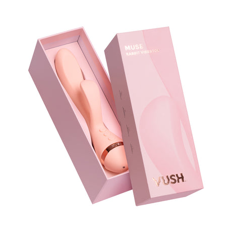 Vush Muse Dual Stimulation Rabbit Vibrator in elegant packaging with soft pink design.