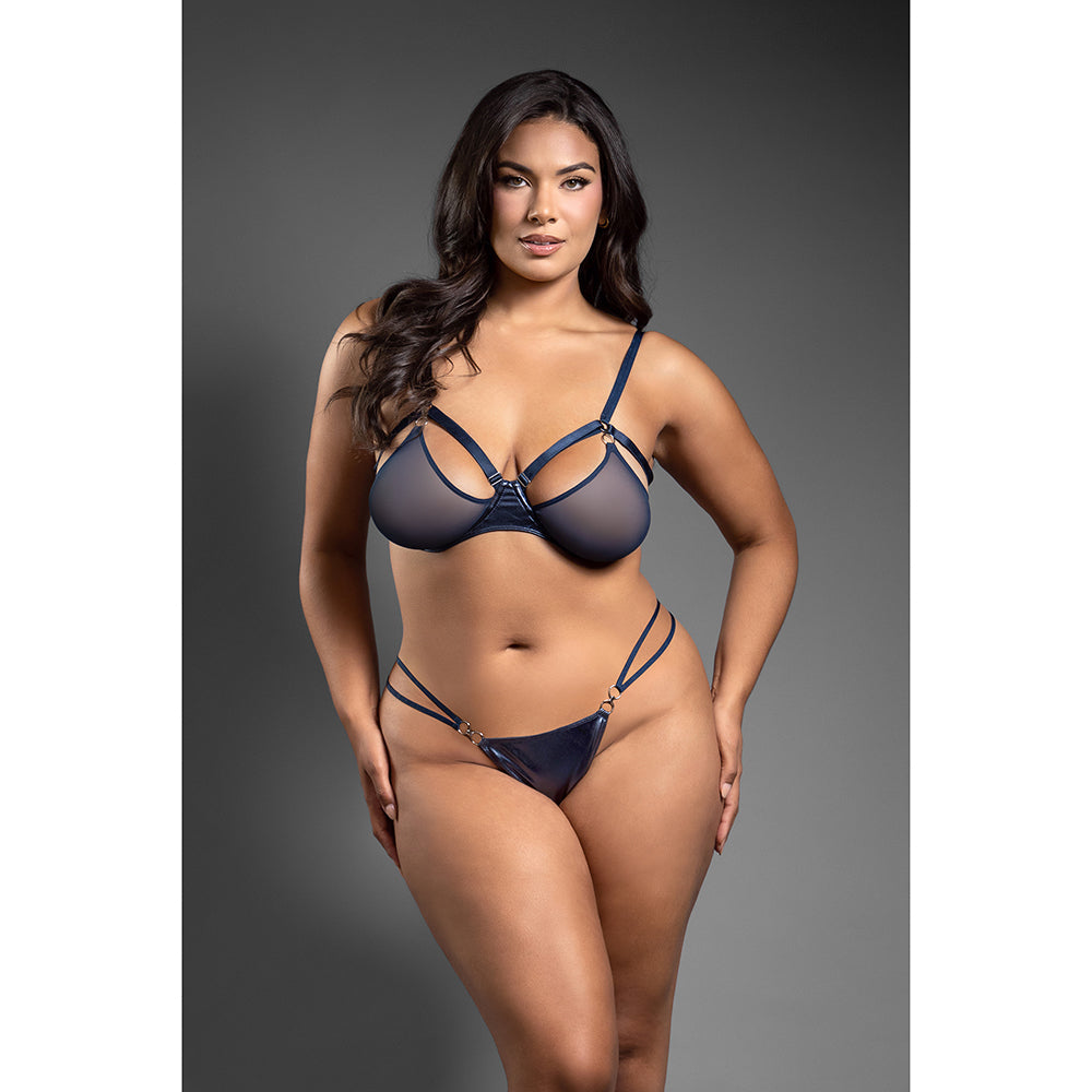 Fantasy Lingerie Domina Metallic Cage Bra with Openable Mesh Cups & Crotchless Panty Queen Size