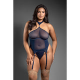 Fantasy Lingerie Domina Gartered Mesh Monowire Bustier with Detachable Choker Halter & G-String Queen Size