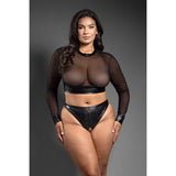 Fantasy Lingerie Domina Embossed Faux Leather Mesh Long Sleeve Top & Crotchless Thong Queen Size