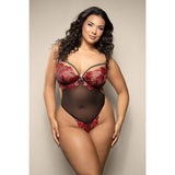 Fantasy Lingerie Opulence Floral Embroidered Mesh Teddy with Underwire Pearl Cups & Pearl String Queen Size