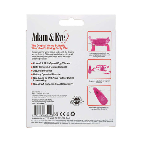 Adam & Eve The Original Venus Butterfly Vibrator packaging showing features and specifications.