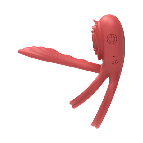 Adam & Eve Vibrating Rose Girth Enhancer Couples Triple Stimulator in red with power button.